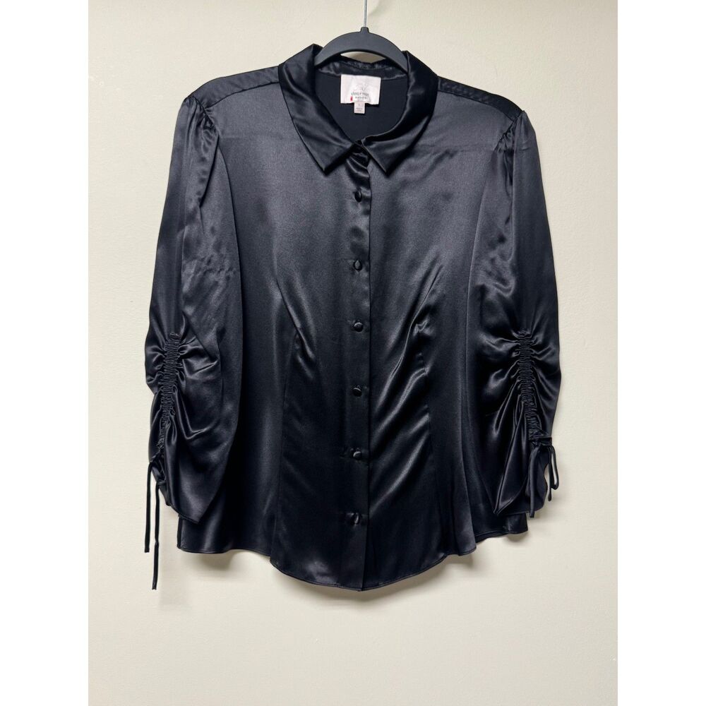 cinq a sept Black Satin Button-Front Ruched Sleeve Blouse